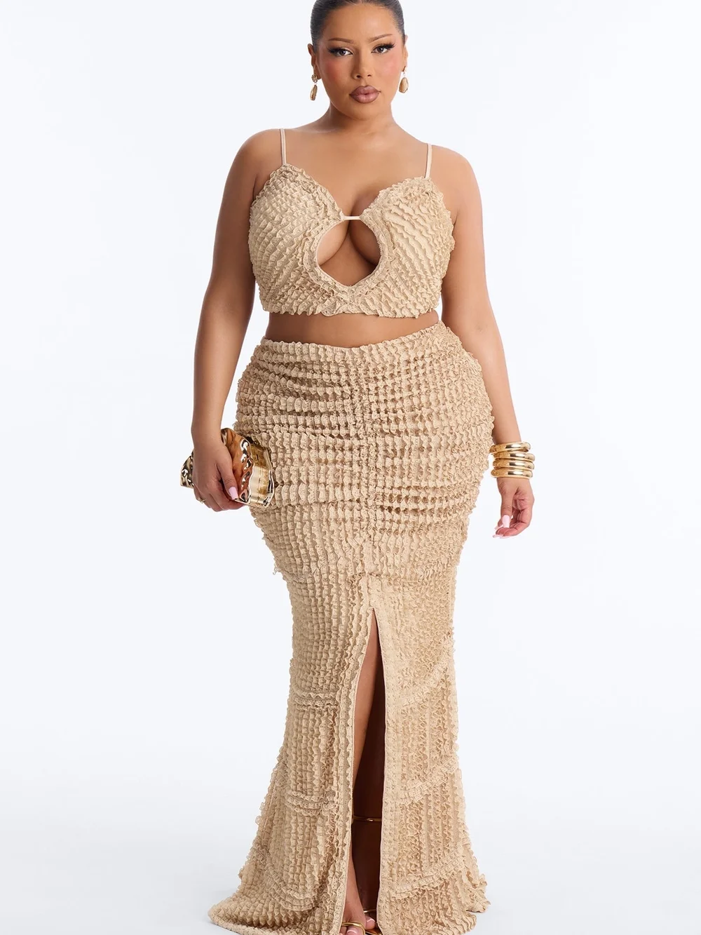Fashion Nova Kelsey Beige Textured Two-Piece Maxi Skirt Set Sz L - Picture 5 of 5
